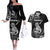 Personalised New Zealand Maori Taniwha Couples Matching Off The Shoulder Long Sleeve Dress and Hawaiian Shirt Silver Fern Black Version