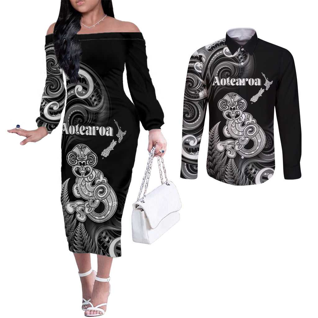 Personalised New Zealand Maori Taniwha Couples Matching Off The Shoulder Long Sleeve Dress and Long Sleeve Button Shirt Silver Fern Black Version