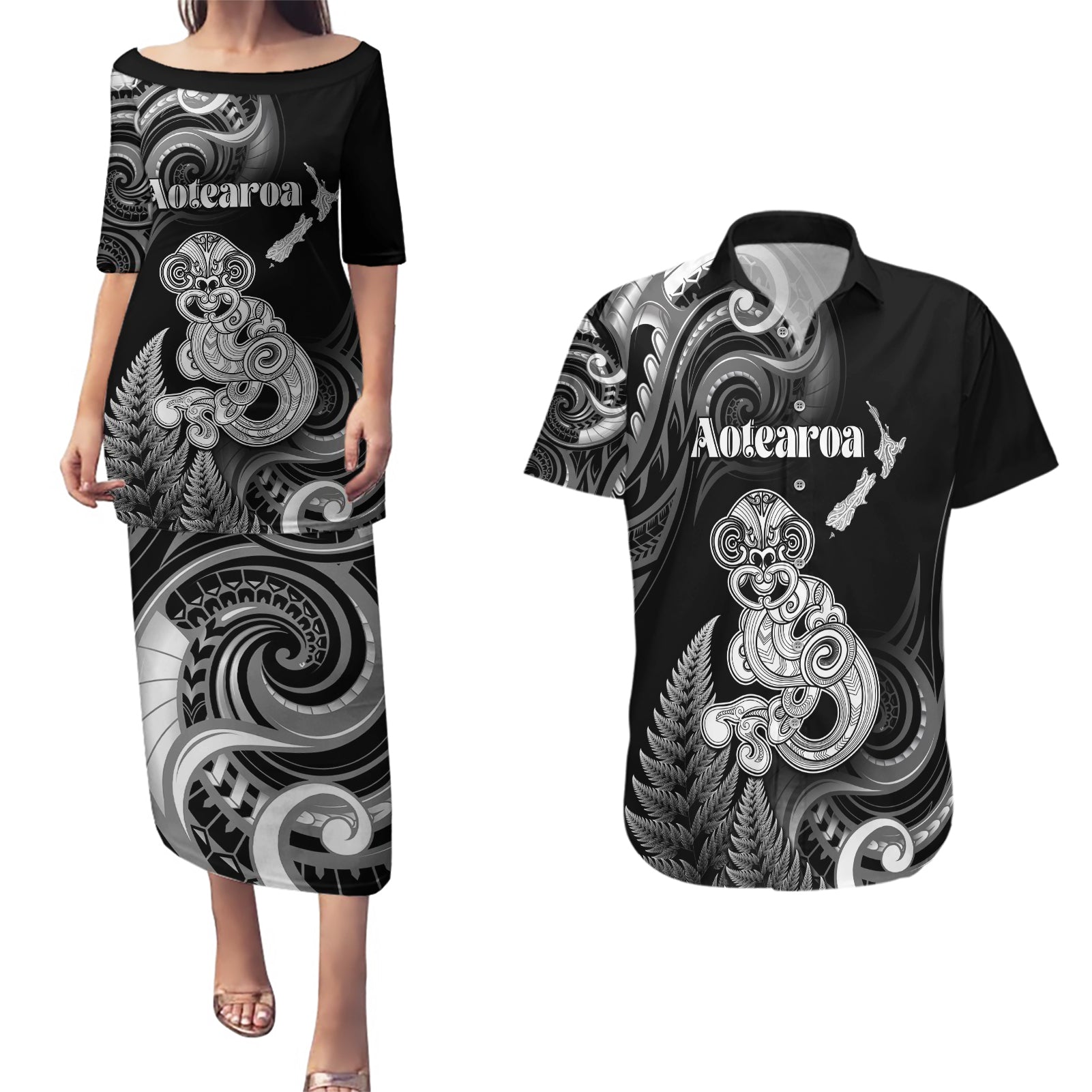 Personalised New Zealand Maori Taniwha Couples Matching Puletasi and Hawaiian Shirt Silver Fern Black Version