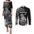 Personalised New Zealand Maori Taniwha Couples Matching Puletasi and Long Sleeve Button Shirt Silver Fern Black Version