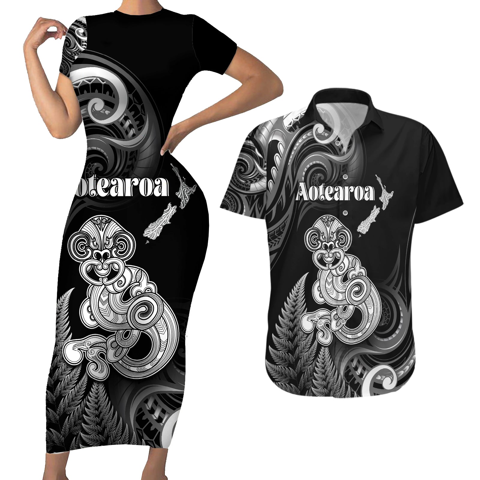 Personalised New Zealand Maori Taniwha Couples Matching Short Sleeve Bodycon Dress and Hawaiian Shirt Silver Fern Black Version