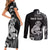 Personalised New Zealand Maori Taniwha Couples Matching Short Sleeve Bodycon Dress and Long Sleeve Button Shirt Silver Fern Black Version