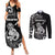 Personalised New Zealand Maori Taniwha Couples Matching Summer Maxi Dress and Long Sleeve Button Shirt Silver Fern Black Version