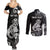 Personalised New Zealand Maori Taniwha Couples Matching Summer Maxi Dress and Long Sleeve Button Shirt Silver Fern Black Version