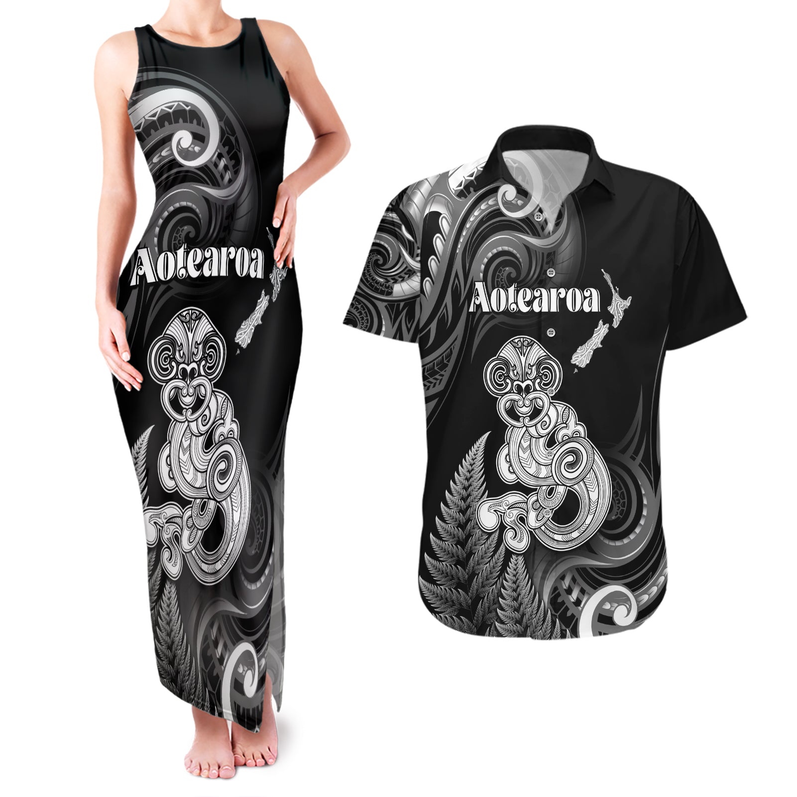 Personalised New Zealand Maori Taniwha Couples Matching Tank Maxi Dress and Hawaiian Shirt Silver Fern Black Version