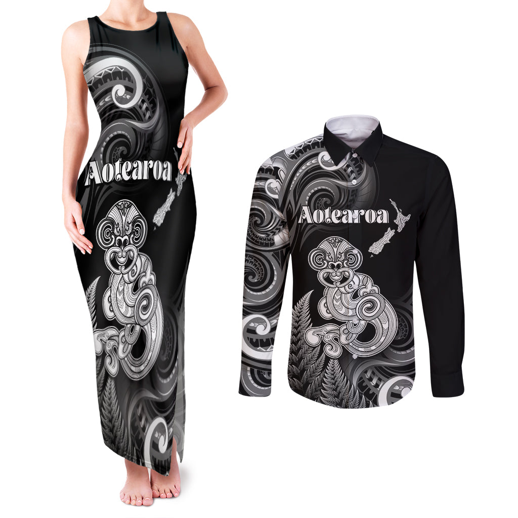 Personalised New Zealand Maori Taniwha Couples Matching Tank Maxi Dress and Long Sleeve Button Shirt Silver Fern Black Version