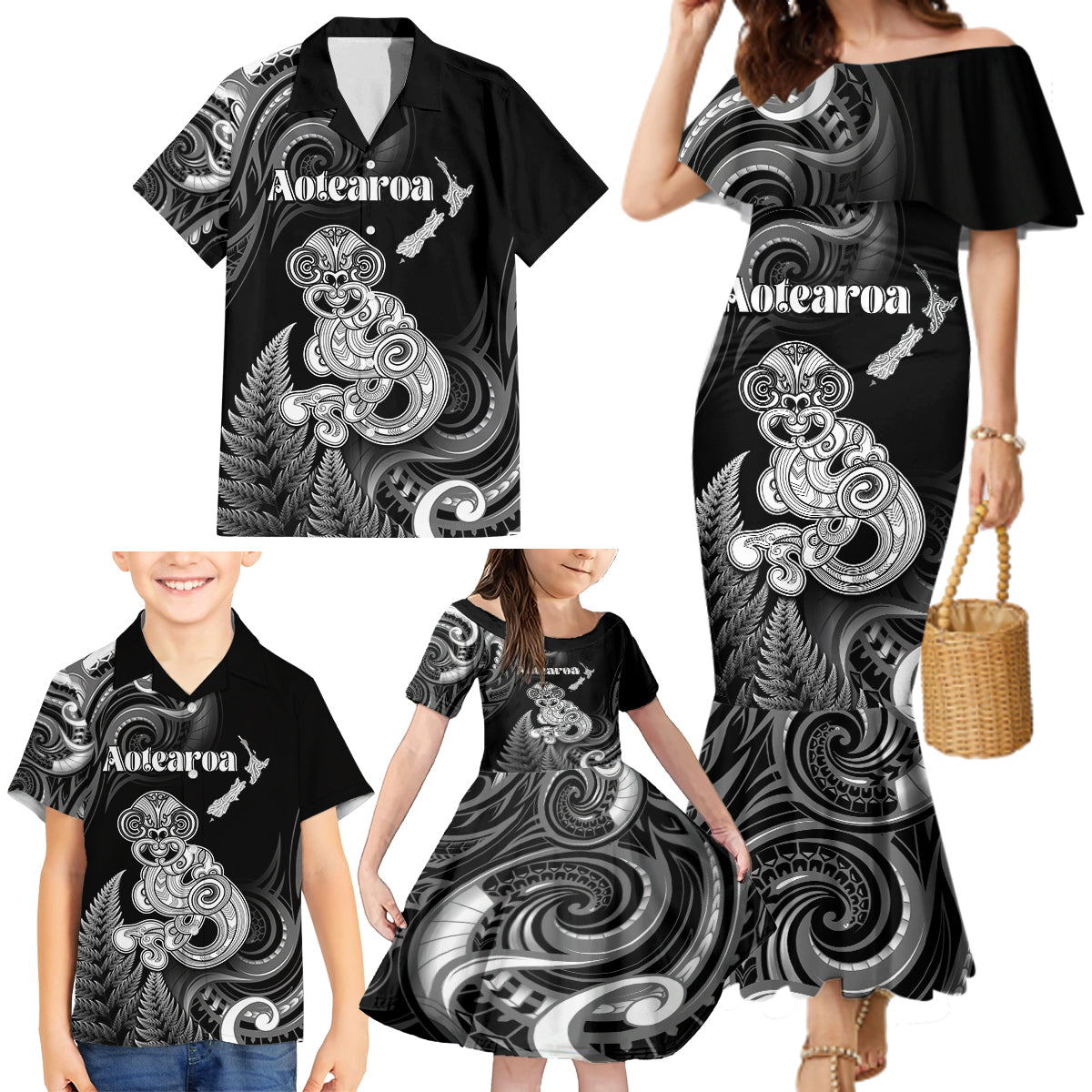 Personalised New Zealand Maori Taniwha Family Matching Mermaid Dress and Hawaiian Shirt Silver Fern Black Version