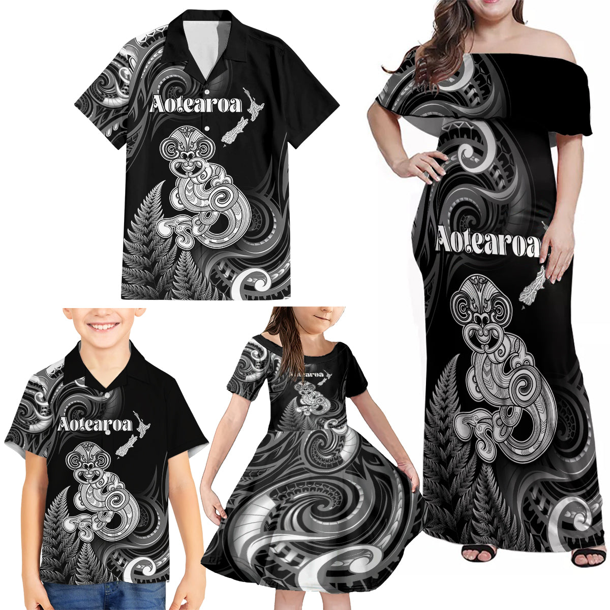 Personalised New Zealand Maori Taniwha Family Matching Off Shoulder Maxi Dress and Hawaiian Shirt Silver Fern Black Version