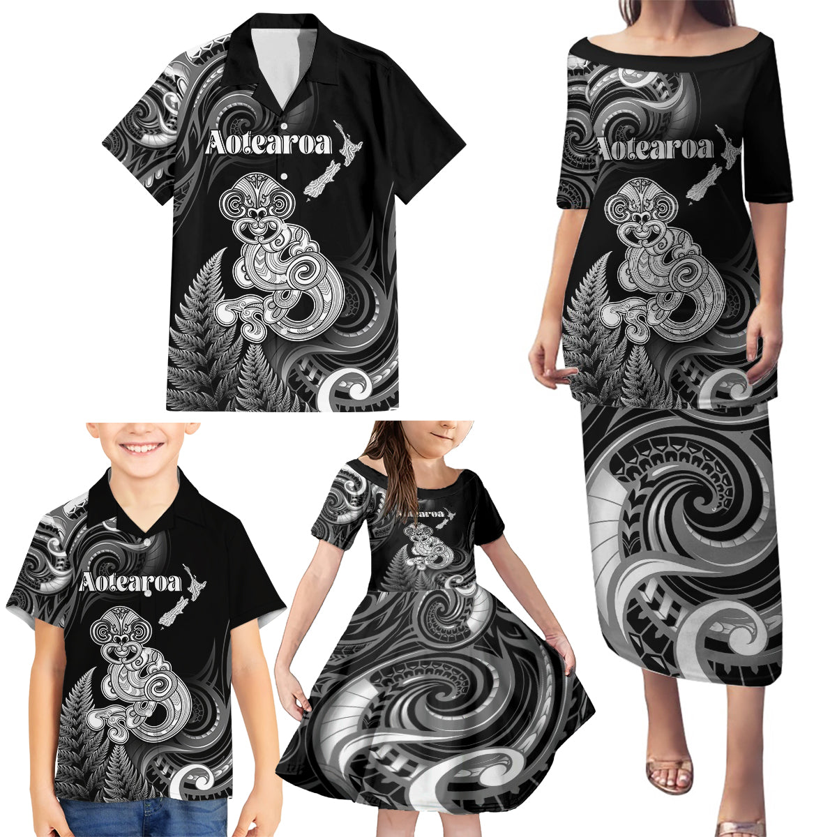 Personalised New Zealand Maori Taniwha Family Matching Puletasi and Hawaiian Shirt Silver Fern Black Version