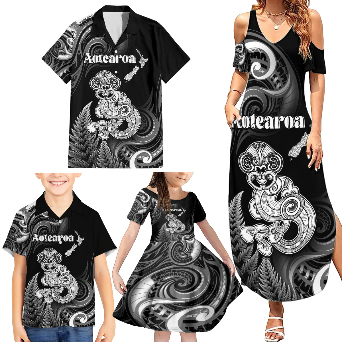 Personalised New Zealand Maori Taniwha Family Matching Summer Maxi Dress and Hawaiian Shirt Silver Fern Black Version