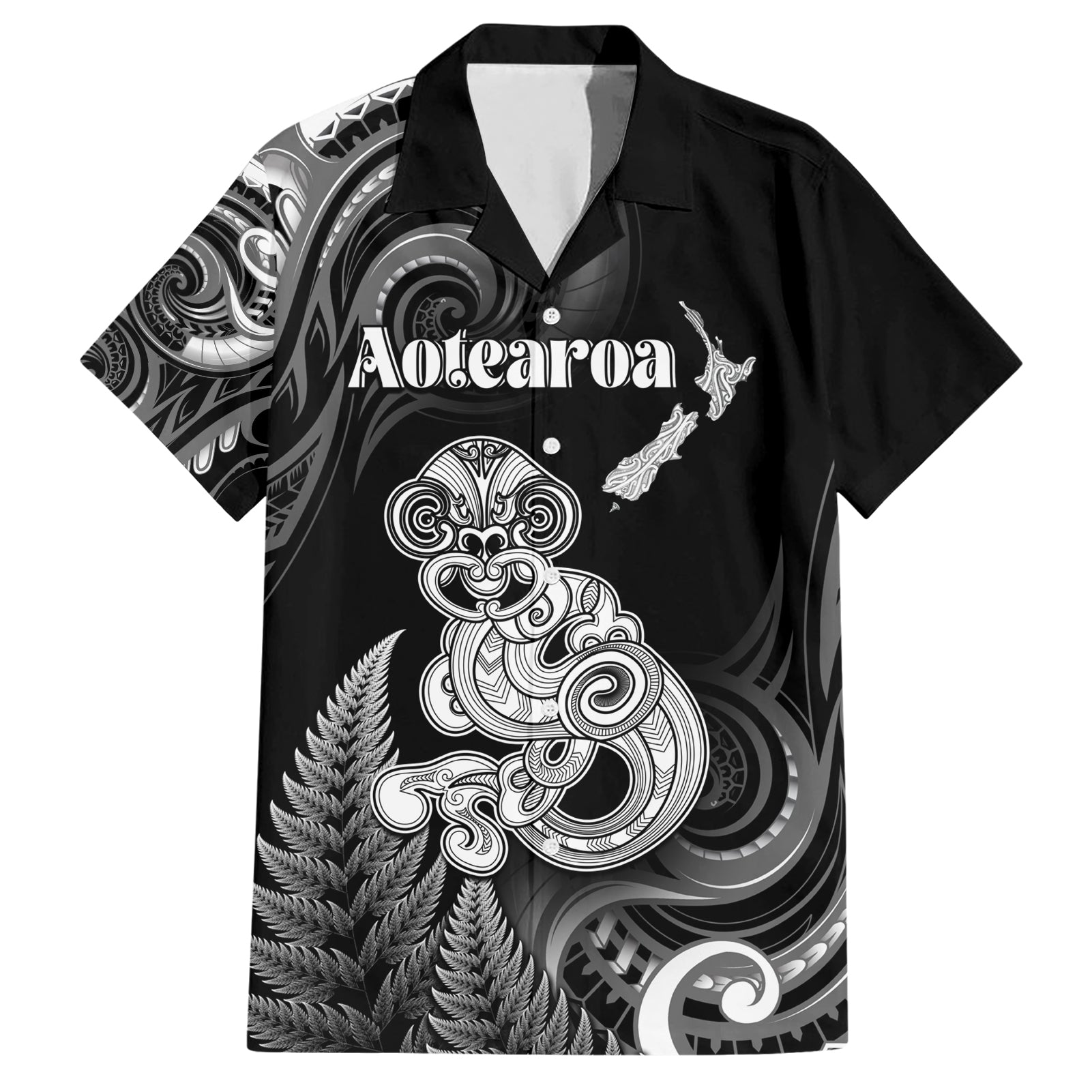 Personalised New Zealand Maori Taniwha Hawaiian Shirt Silver Fern Black Version