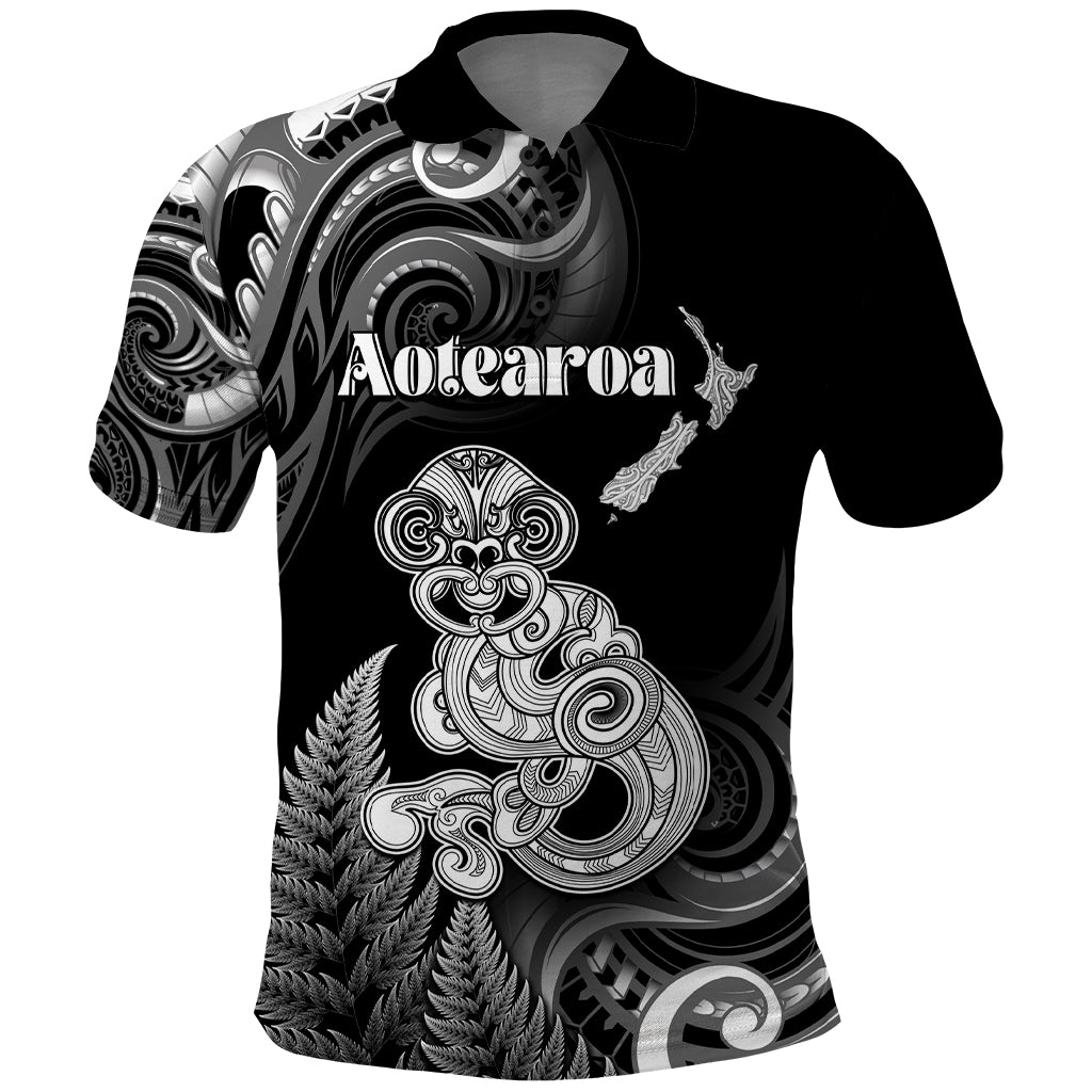 Personalised New Zealand Maori Taniwha Polo Shirt Silver Fern Black Version