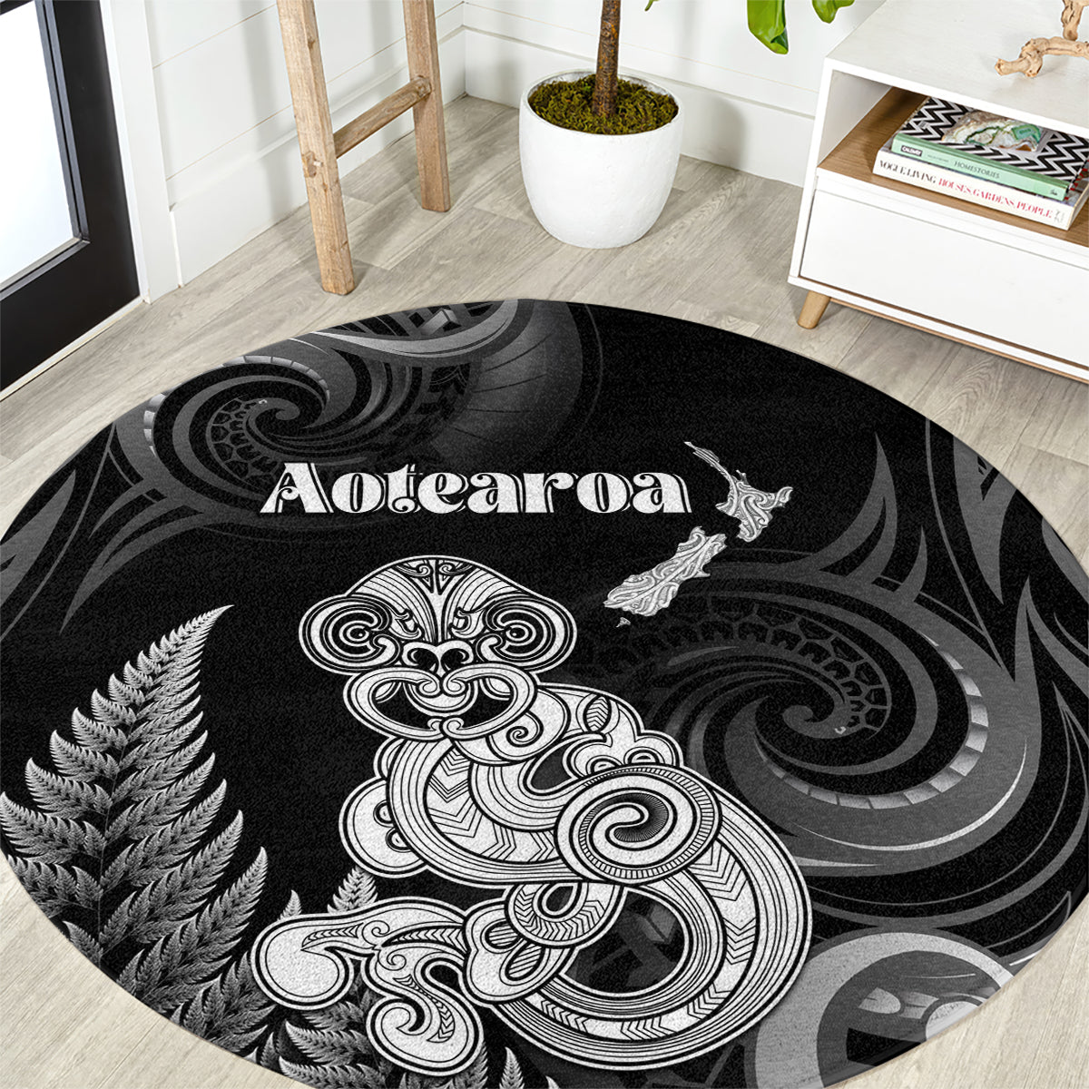 New Zealand Maori Taniwha Round Carpet Silver Fern Black Version LT05 Black - Polynesian Pride
