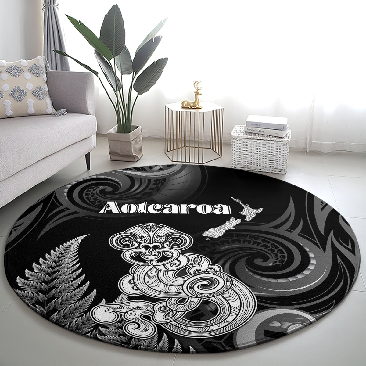 New Zealand Maori Taniwha Round Carpet Silver Fern Black Version LT05 - Polynesian Pride