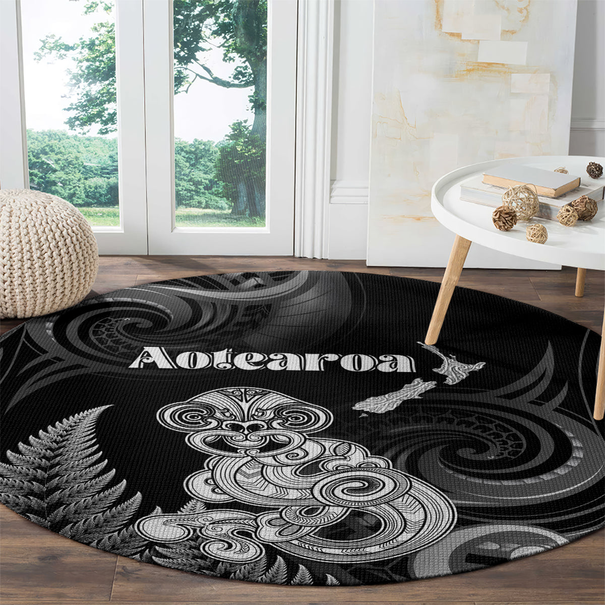 New Zealand Maori Taniwha Round Carpet Silver Fern Black Version LT05 - Polynesian Pride