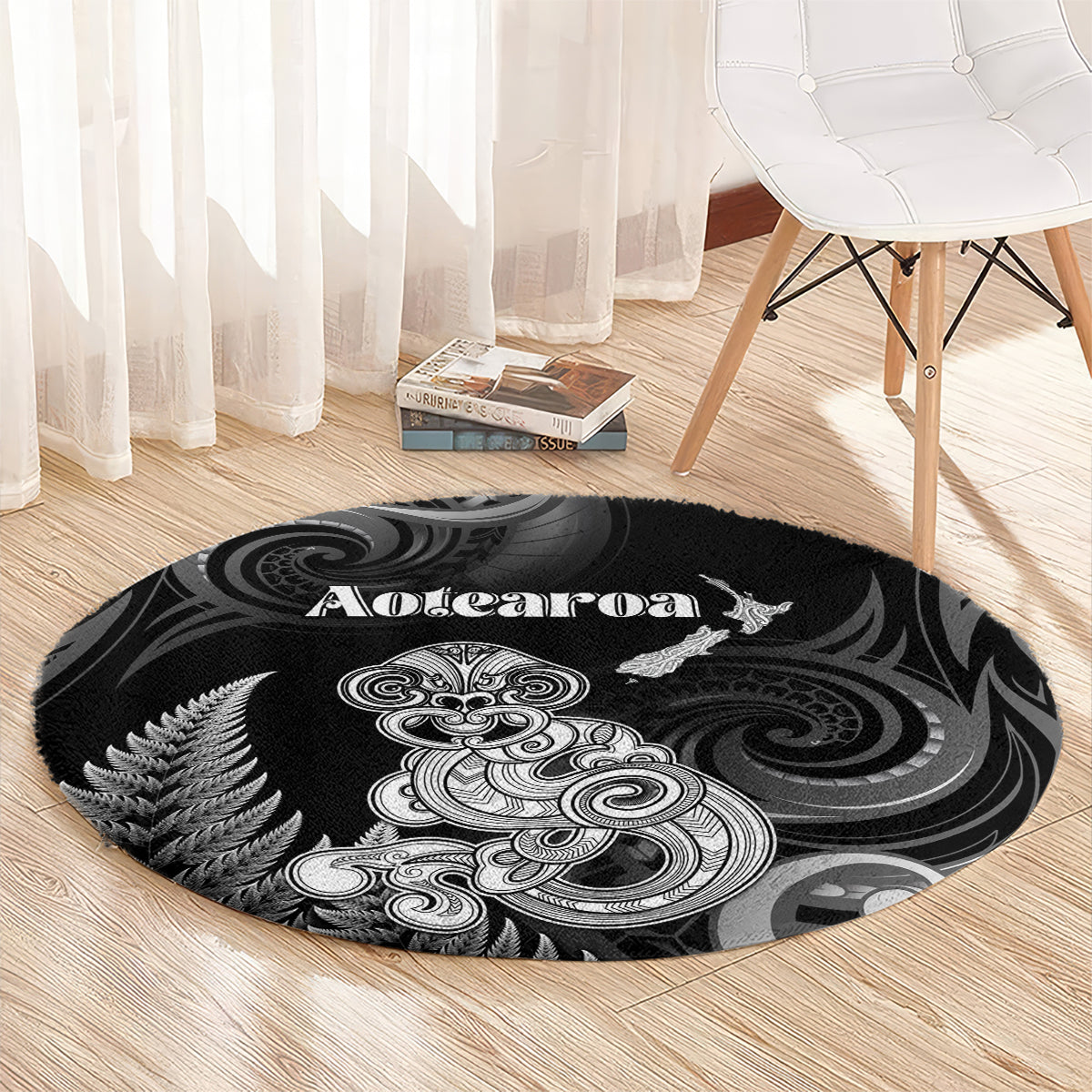 New Zealand Maori Taniwha Round Carpet Silver Fern Black Version LT05 - Polynesian Pride
