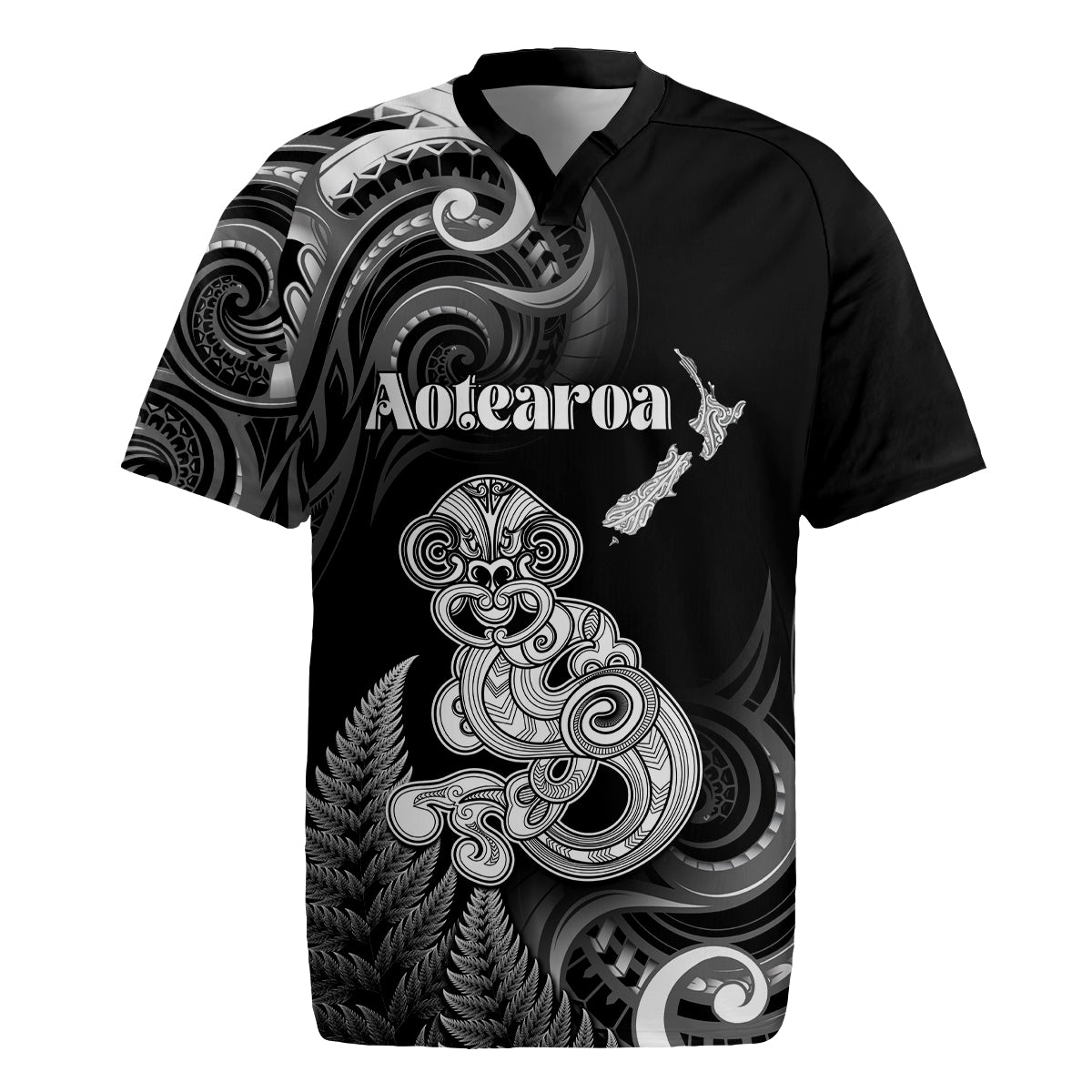 Personalised New Zealand Maori Taniwha Rugby Jersey Silver Fern Black Version