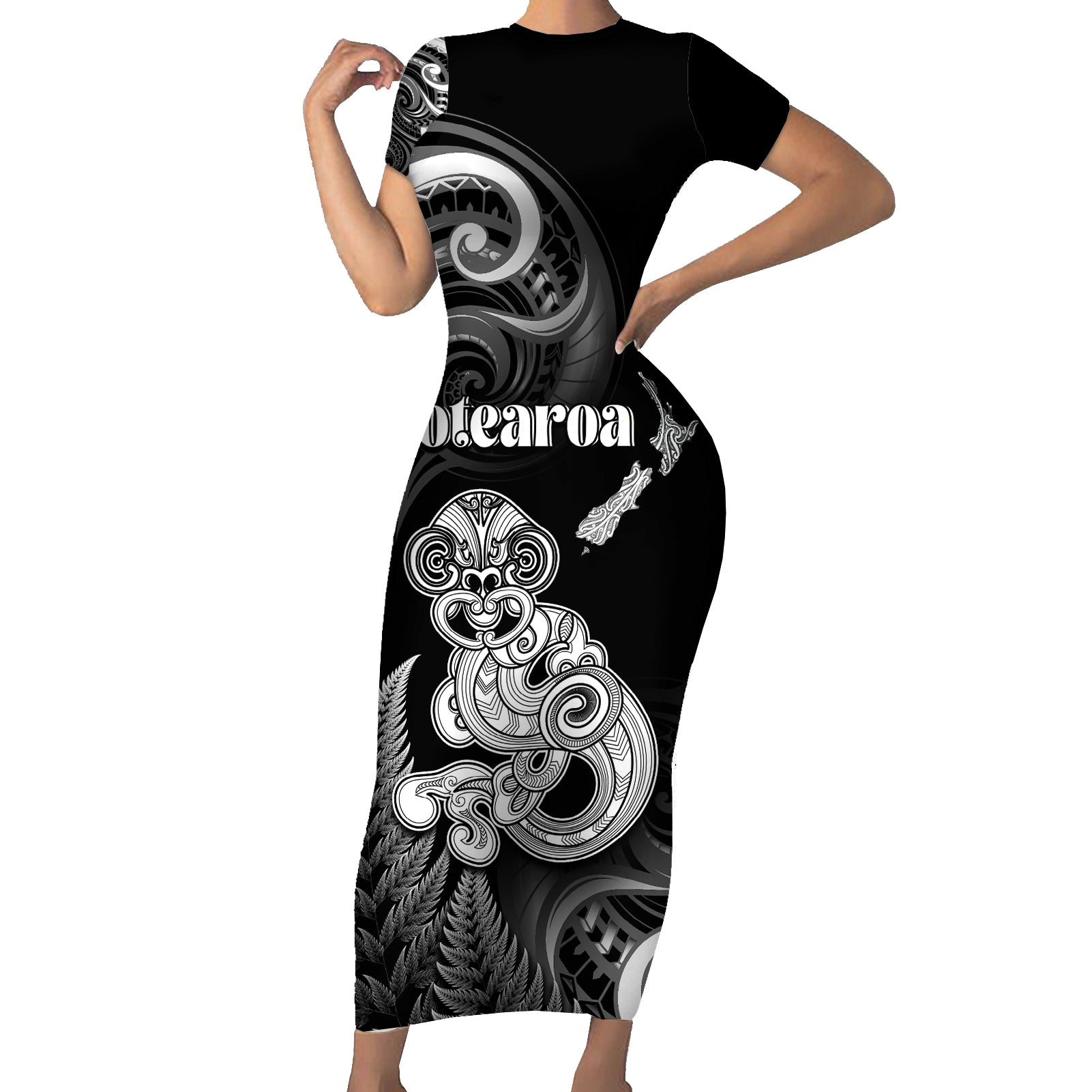 Personalised New Zealand Maori Taniwha Short Sleeve Bodycon Dress Silver Fern Black Version