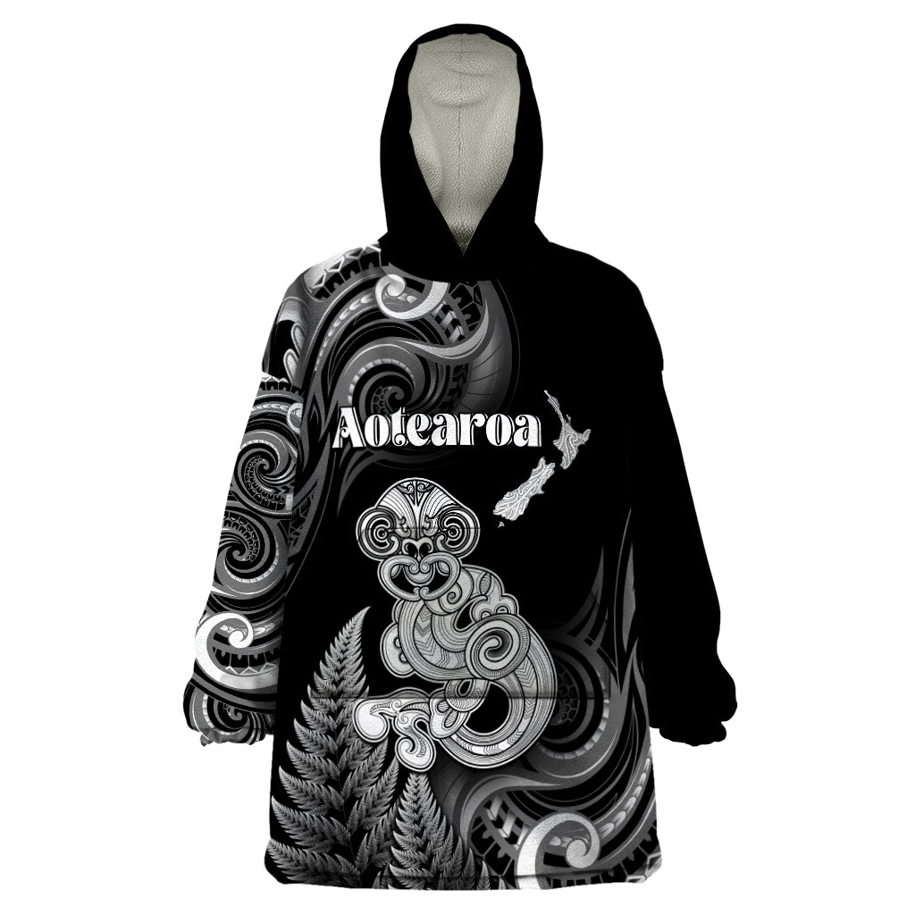 Personalised New Zealand Maori Taniwha Wearable Blanket Hoodie Silver Fern Black Version