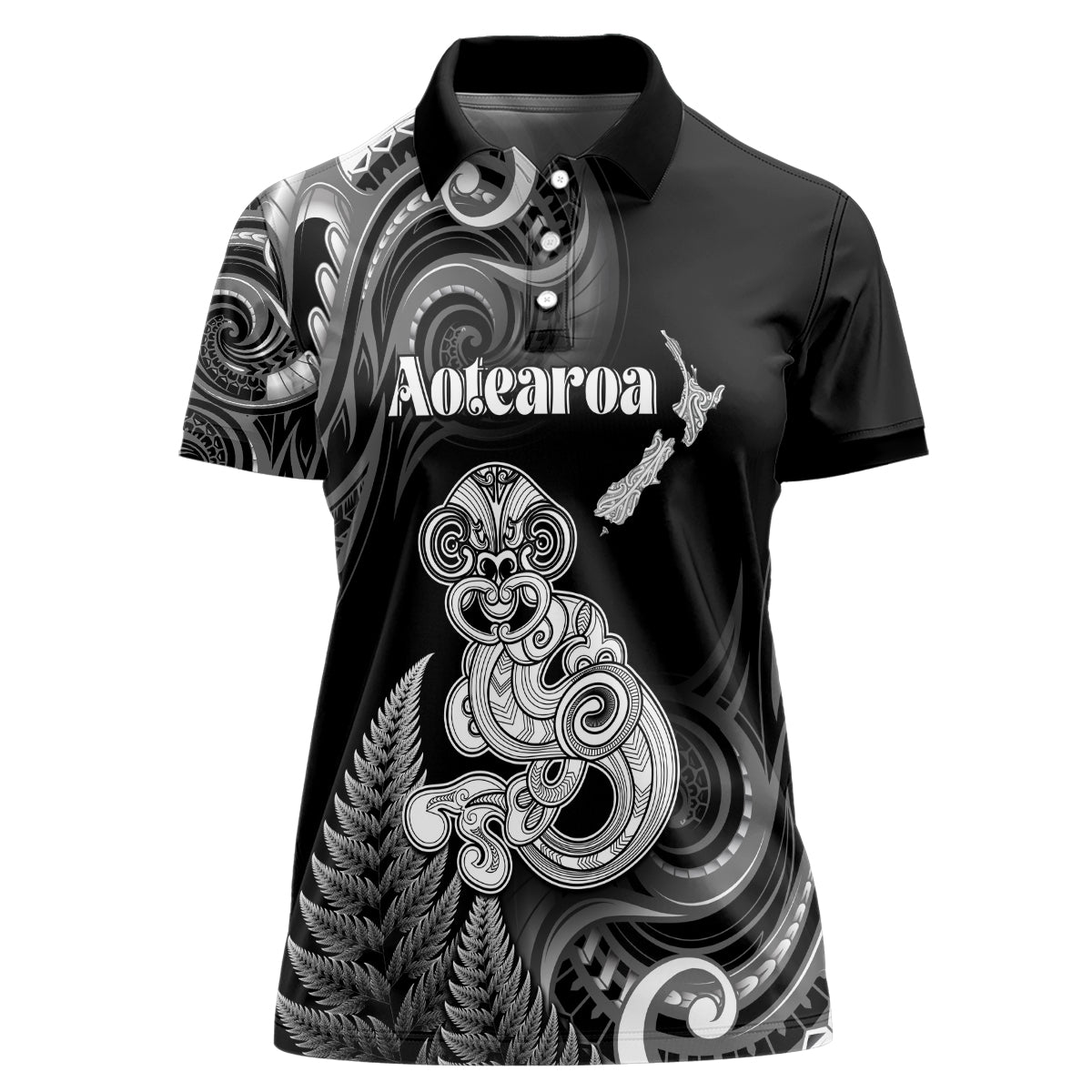 Personalised New Zealand Maori Taniwha Women Polo Shirt Silver Fern Black Version