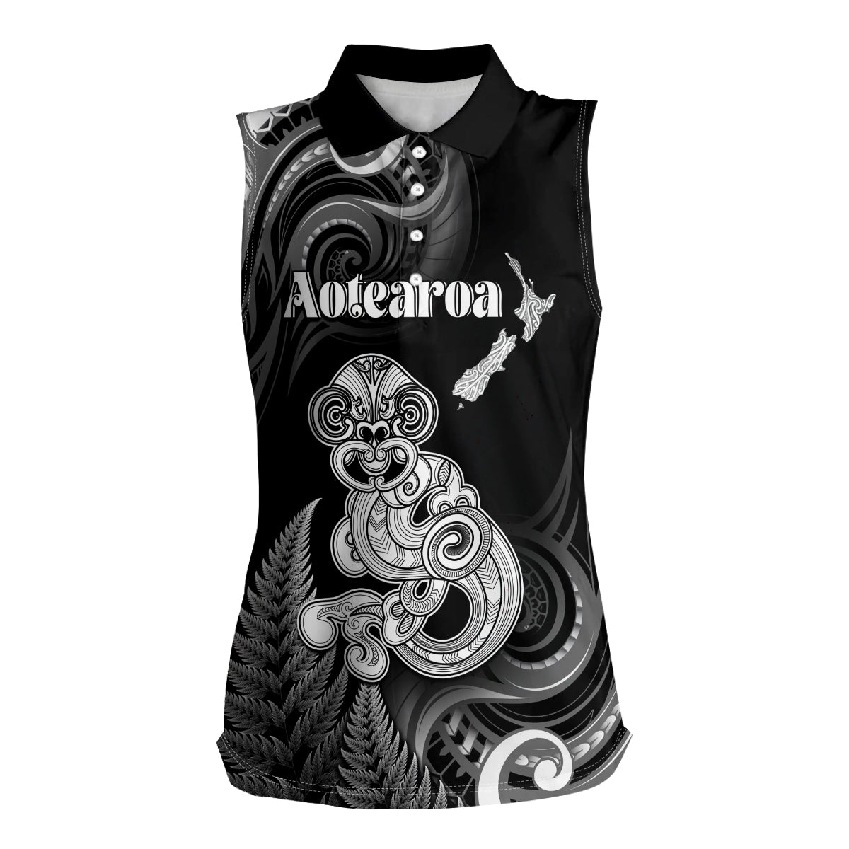 Personalised New Zealand Maori Taniwha Women Sleeveless Polo Shirt Silver Fern Black Version