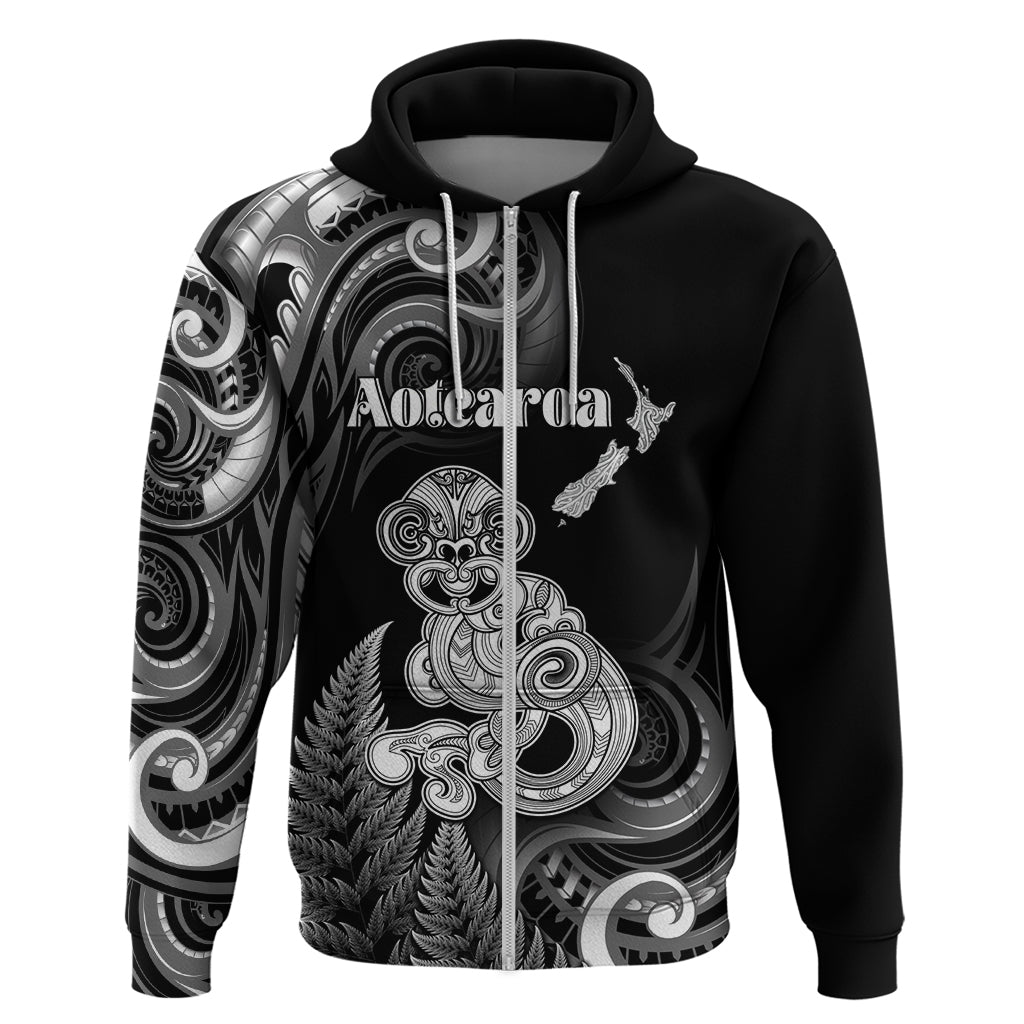 Personalised New Zealand Maori Taniwha Zip Hoodie Silver Fern Black Version