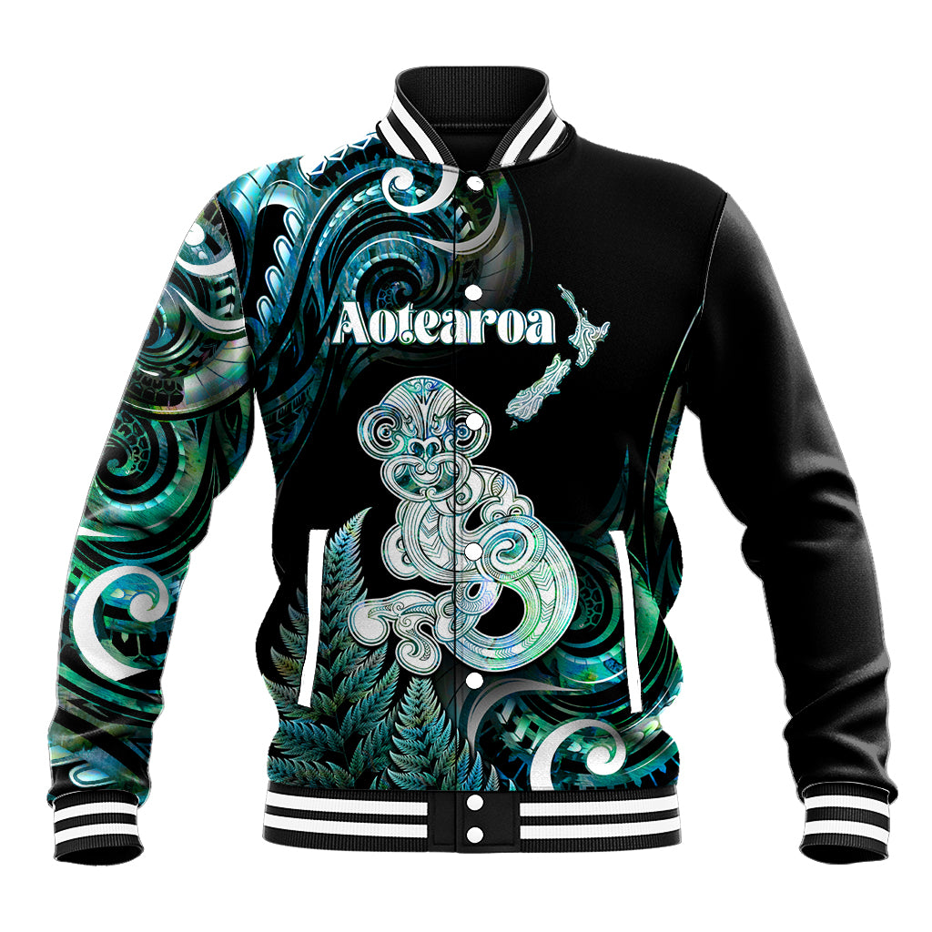 Personalised New Zealand Maori Taniwha Baseball Jacket Silver Fern Paua Shell Version