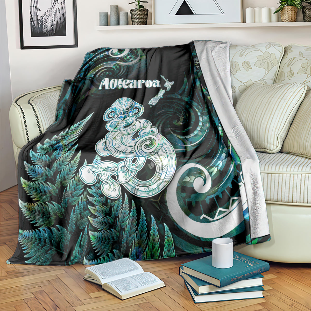 New Zealand Maori Taniwha Blanket Silver Fern Paua Shell Version LT05 Turquoise - Polynesian Pride