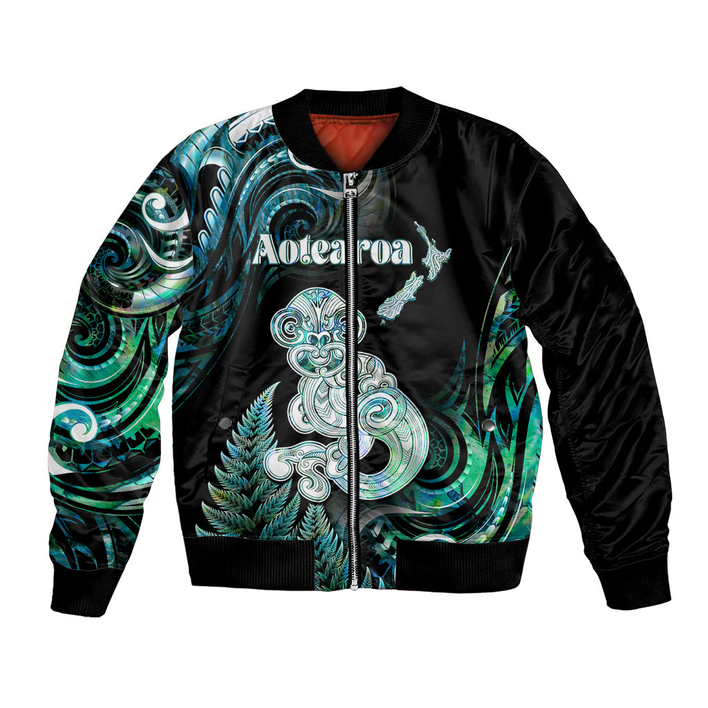 Personalised New Zealand Maori Taniwha Bomber Jacket Silver Fern Paua Shell Version