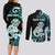 Personalised New Zealand Maori Taniwha Couples Matching Long Sleeve Bodycon Dress and Long Sleeve Button Shirt Silver Fern Paua Shell Version