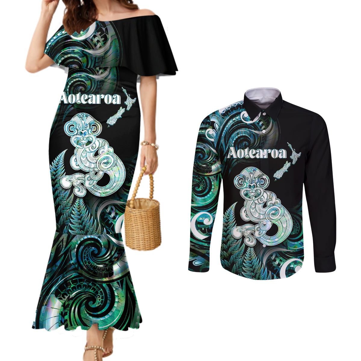 Personalised New Zealand Maori Taniwha Couples Matching Mermaid Dress and Long Sleeve Button Shirt Silver Fern Paua Shell Version