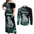 Personalised New Zealand Maori Taniwha Couples Matching Off Shoulder Maxi Dress and Long Sleeve Button Shirt Silver Fern Paua Shell Version