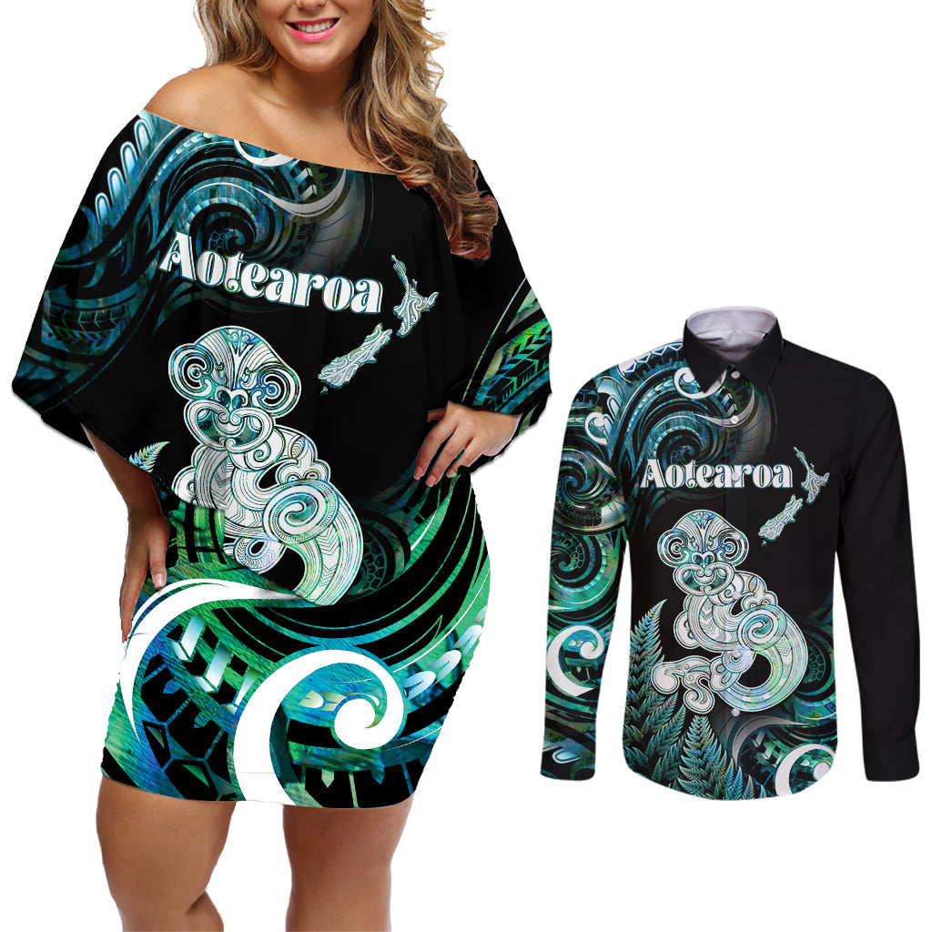 Personalised New Zealand Maori Taniwha Couples Matching Off Shoulder Short Dress and Long Sleeve Button Shirt Silver Fern Paua Shell Version