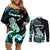 Personalised New Zealand Maori Taniwha Couples Matching Off Shoulder Short Dress and Long Sleeve Button Shirt Silver Fern Paua Shell Version