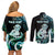 Personalised New Zealand Maori Taniwha Couples Matching Off Shoulder Short Dress and Long Sleeve Button Shirt Silver Fern Paua Shell Version