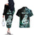 Personalised New Zealand Maori Taniwha Couples Matching Off The Shoulder Long Sleeve Dress and Hawaiian Shirt Silver Fern Paua Shell Version