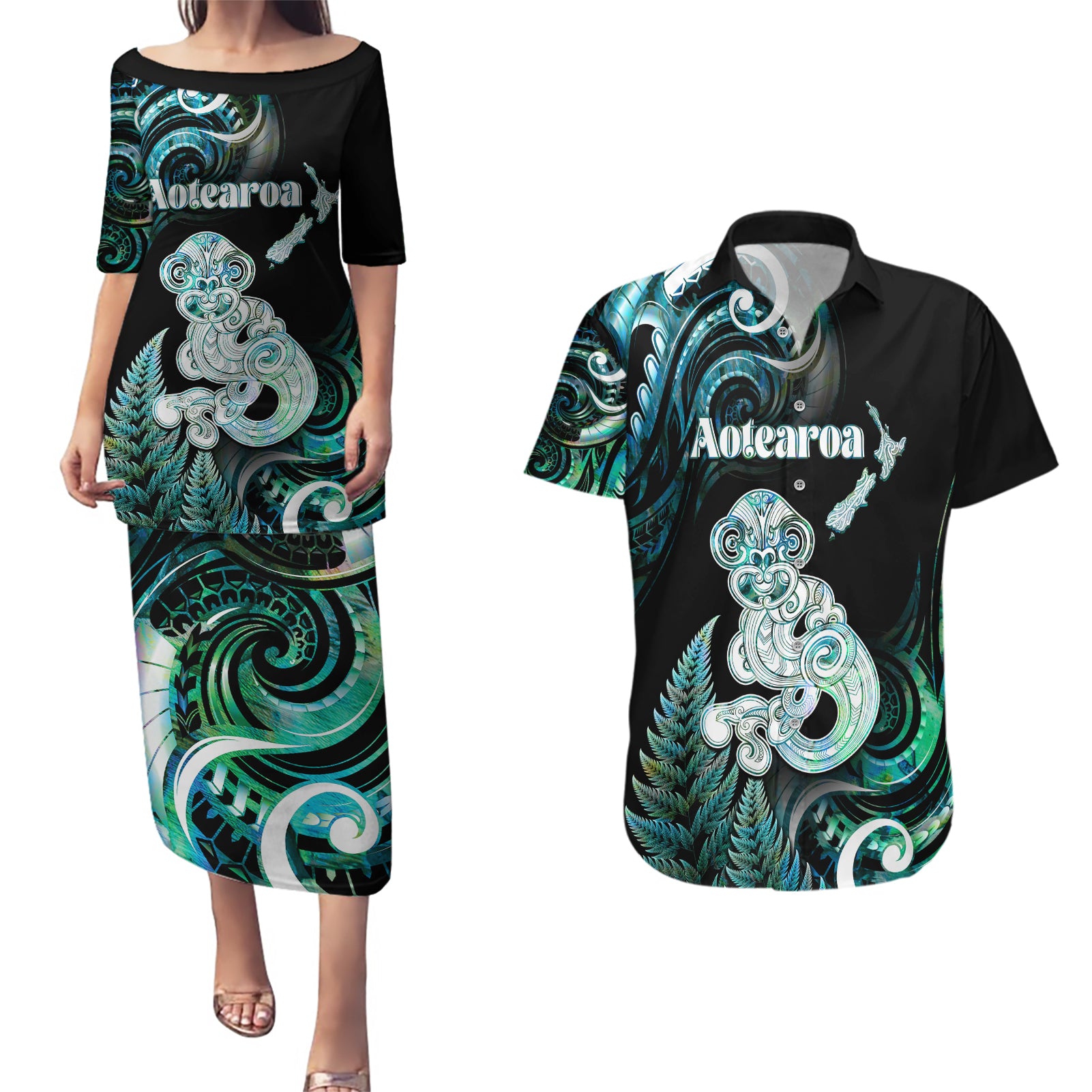 Personalised New Zealand Maori Taniwha Couples Matching Puletasi and Hawaiian Shirt Silver Fern Paua Shell Version