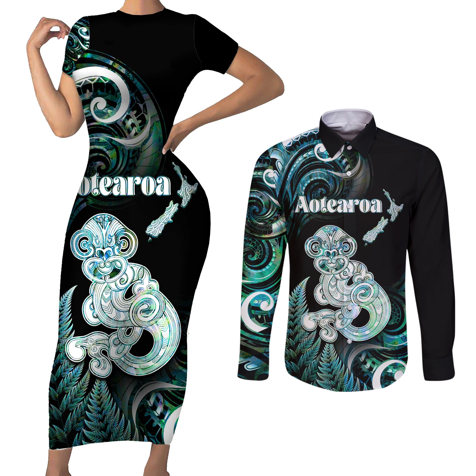 Personalised New Zealand Maori Taniwha Couples Matching Short Sleeve Bodycon Dress and Long Sleeve Button Shirt Silver Fern Paua Shell Version