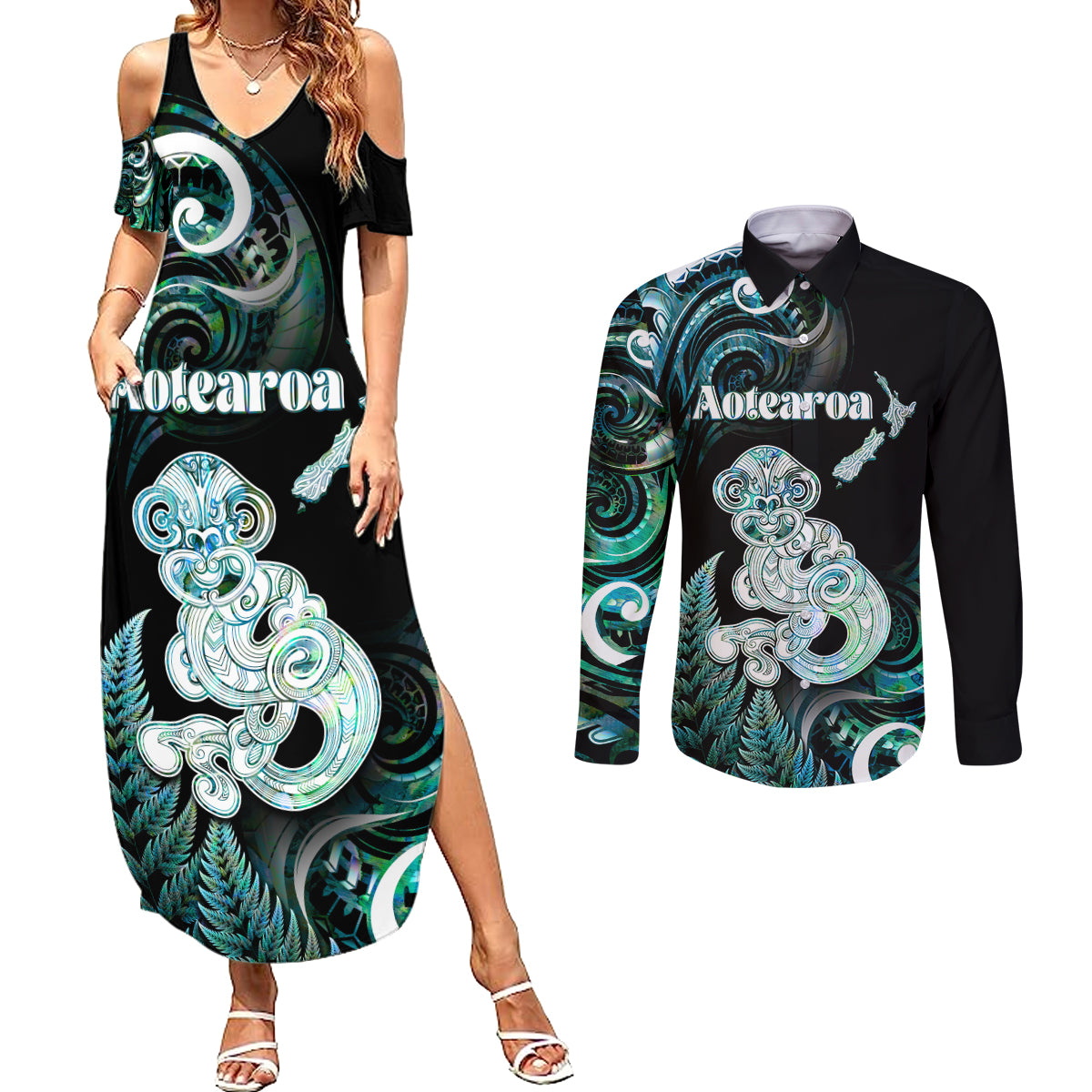 Personalised New Zealand Maori Taniwha Couples Matching Summer Maxi Dress and Long Sleeve Button Shirt Silver Fern Paua Shell Version