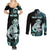 Personalised New Zealand Maori Taniwha Couples Matching Summer Maxi Dress and Long Sleeve Button Shirt Silver Fern Paua Shell Version