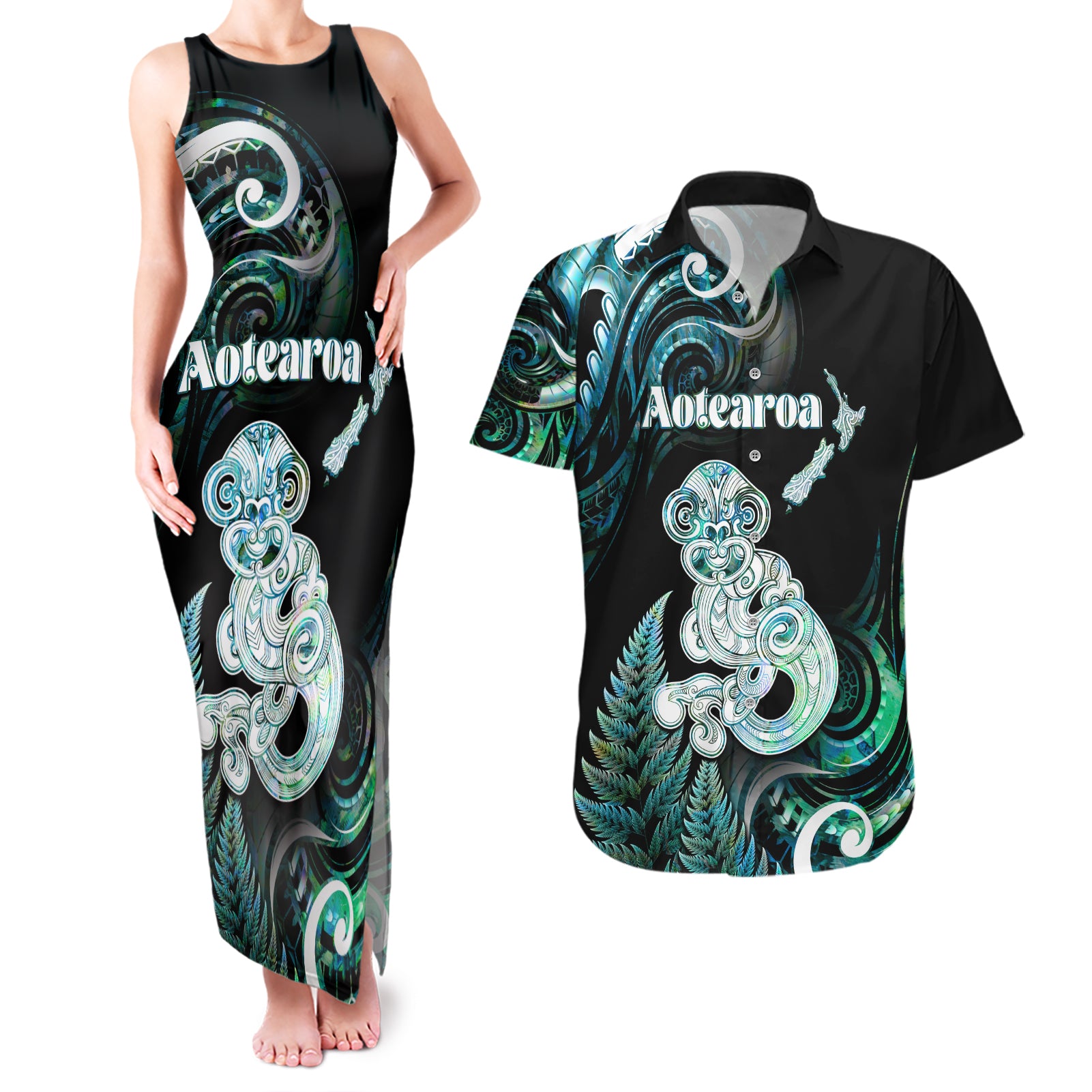 Personalised New Zealand Maori Taniwha Couples Matching Tank Maxi Dress and Hawaiian Shirt Silver Fern Paua Shell Version