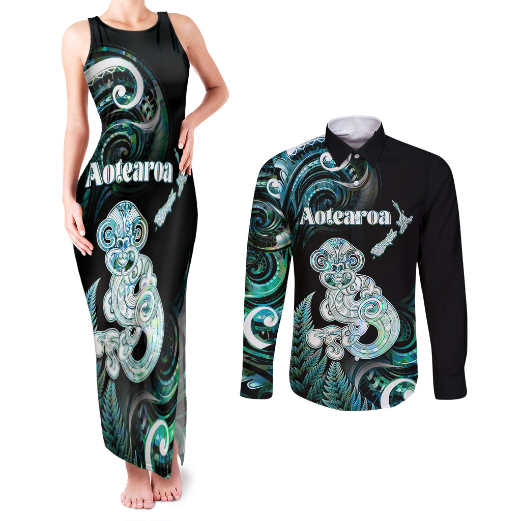 Personalised New Zealand Maori Taniwha Couples Matching Tank Maxi Dress and Long Sleeve Button Shirt Silver Fern Paua Shell Version