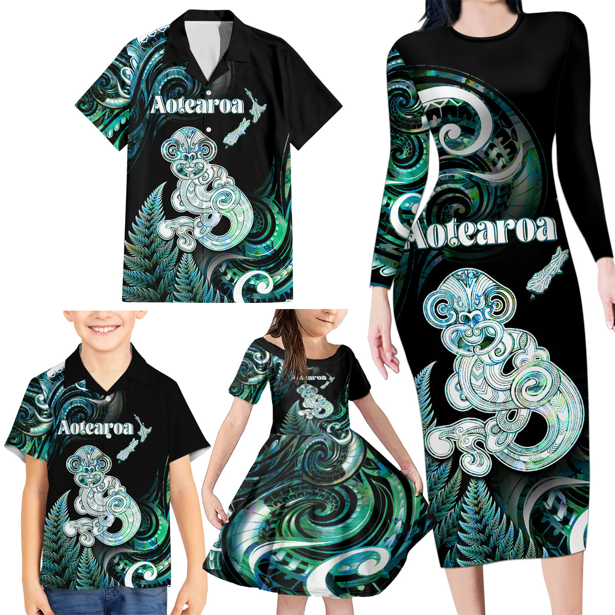 Personalised New Zealand Maori Taniwha Family Matching Long Sleeve Bodycon Dress and Hawaiian Shirt Silver Fern Paua Shell Version