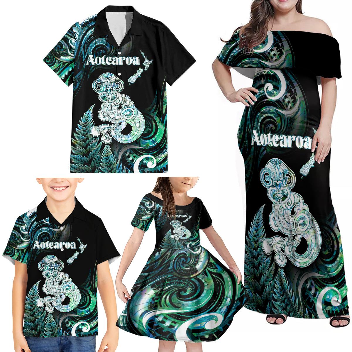 Personalised New Zealand Maori Taniwha Family Matching Off Shoulder Maxi Dress and Hawaiian Shirt Silver Fern Paua Shell Version