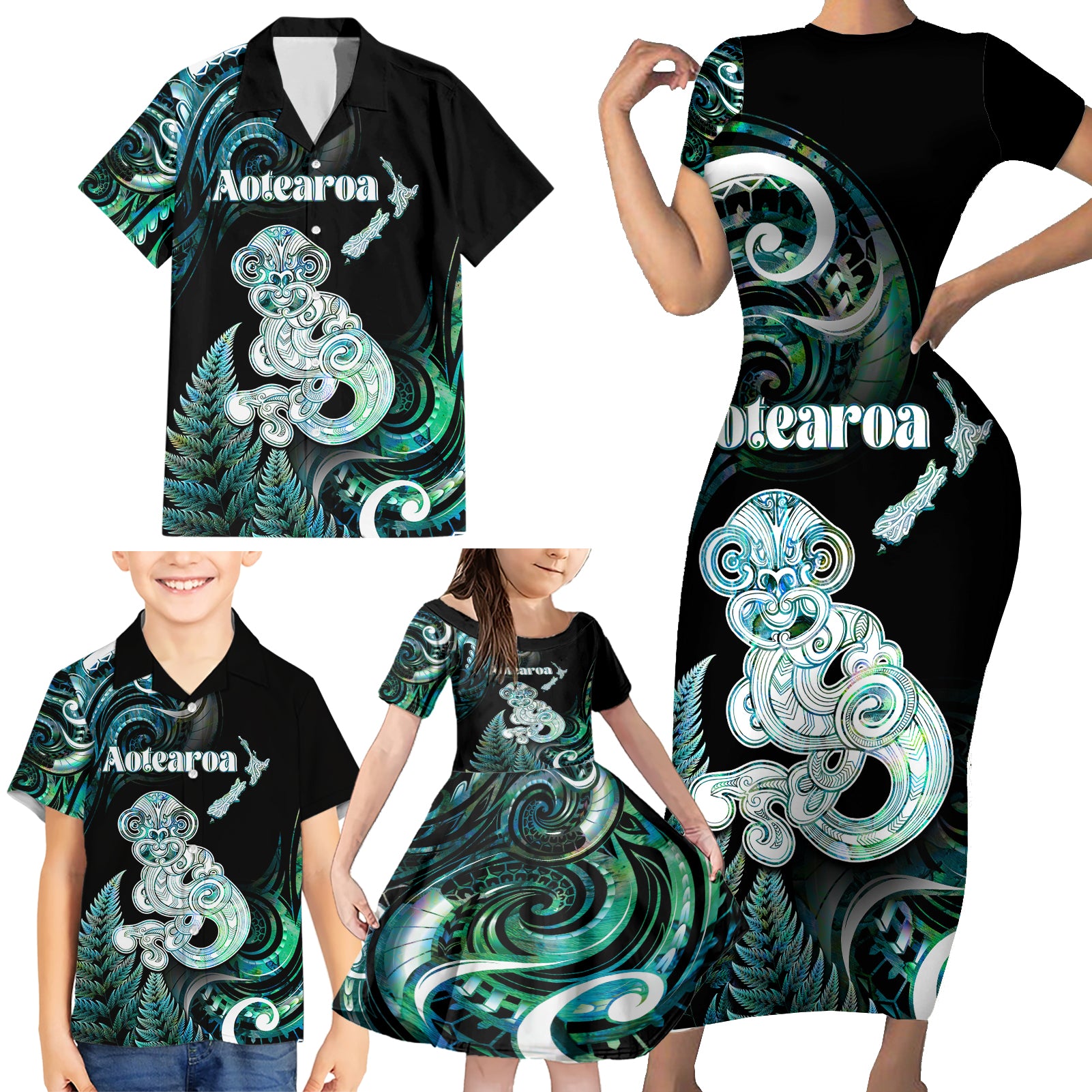 Personalised New Zealand Maori Taniwha Family Matching Short Sleeve Bodycon Dress and Hawaiian Shirt Silver Fern Paua Shell Version