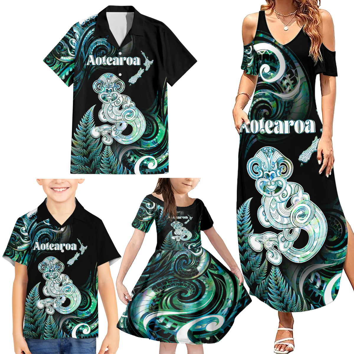 Personalised New Zealand Maori Taniwha Family Matching Summer Maxi Dress and Hawaiian Shirt Silver Fern Paua Shell Version