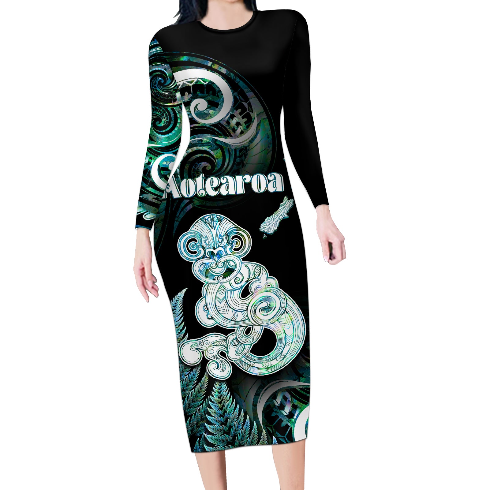 Personalised New Zealand Maori Taniwha Long Sleeve Bodycon Dress Silver Fern Paua Shell Version