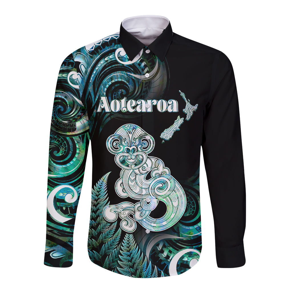 Personalised New Zealand Maori Taniwha Long Sleeve Button Shirt Silver Fern Paua Shell Version