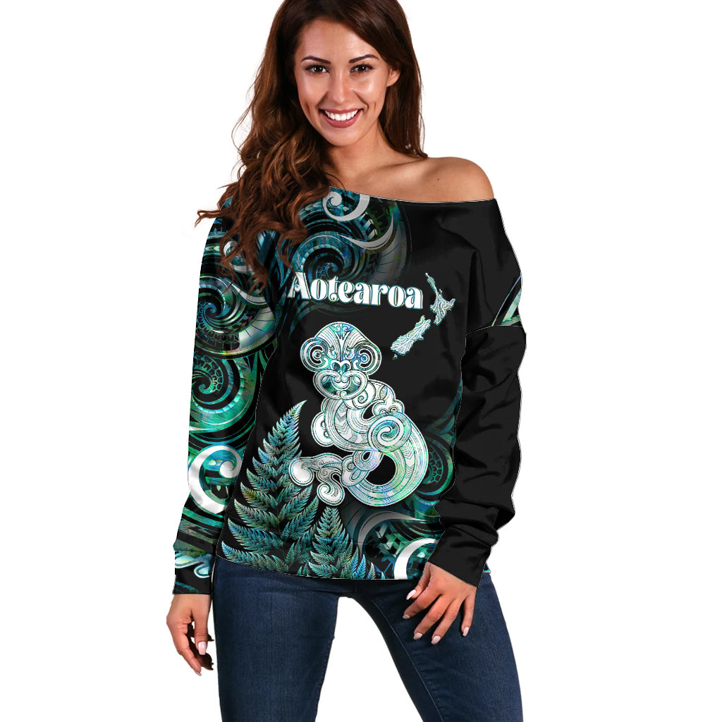 Personalised New Zealand Maori Taniwha Off Shoulder Sweater Silver Fern Paua Shell Version LT05 Women Turquoise - Polynesian Pride