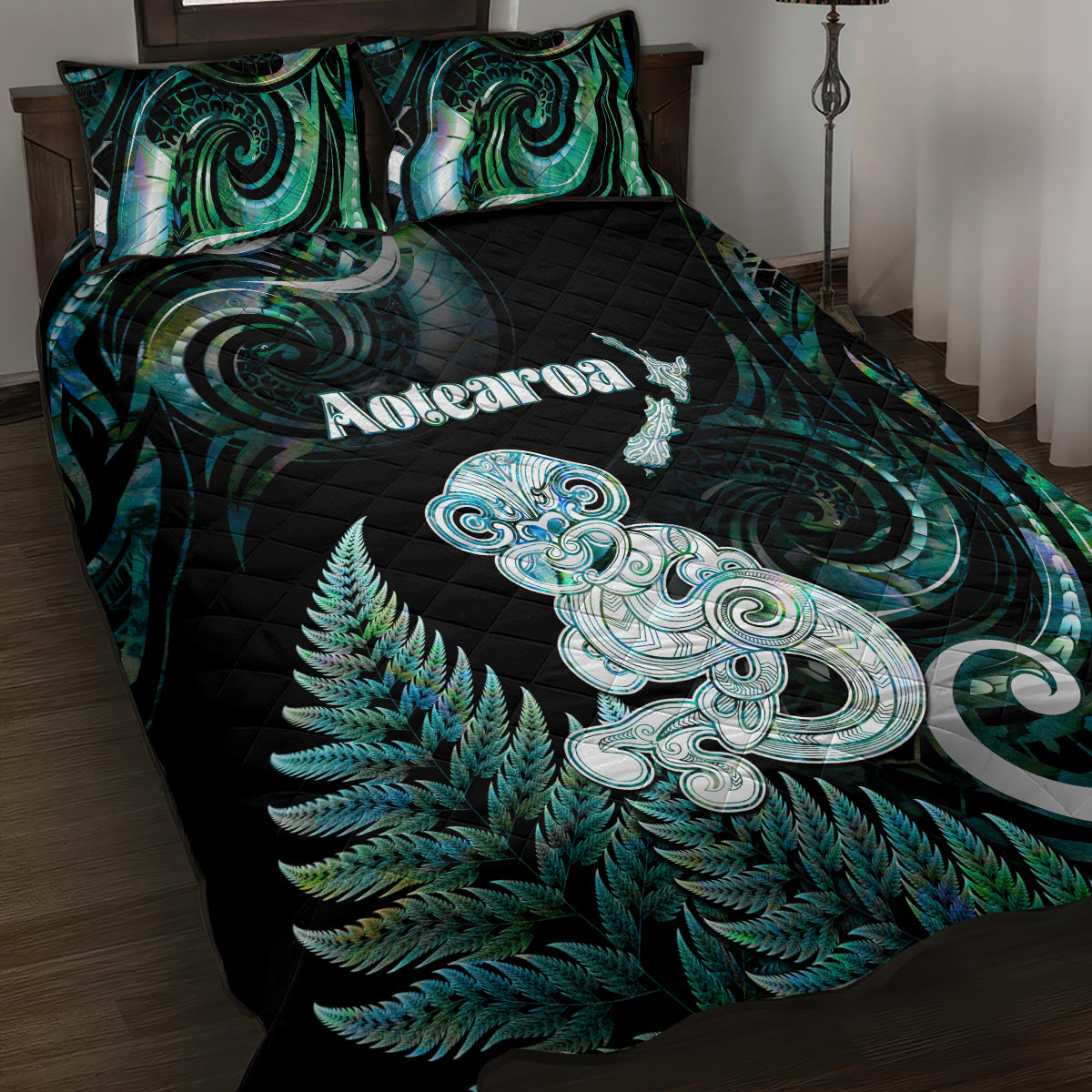 New Zealand Maori Taniwha Quilt Bed Set Silver Fern Paua Shell Version